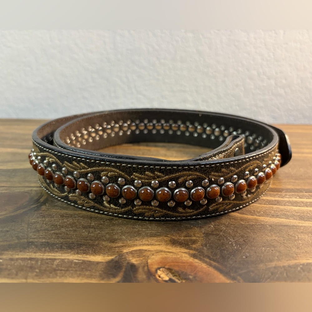 Nocona Embellished Leather Belt Studs Stones Brown N3447402 Sz L Western Belt